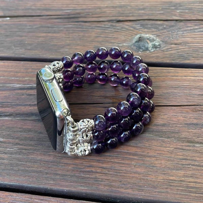 Handmade Amethyst Bracelet Compatible for Apple Watch Band 40mm/38mm/41mm Series 9 8 7 SE Series 6/5/4 Women Fashion Natural Gemstone Stretchy Watch Strap (38mm/40mm/41mm) - Image 4